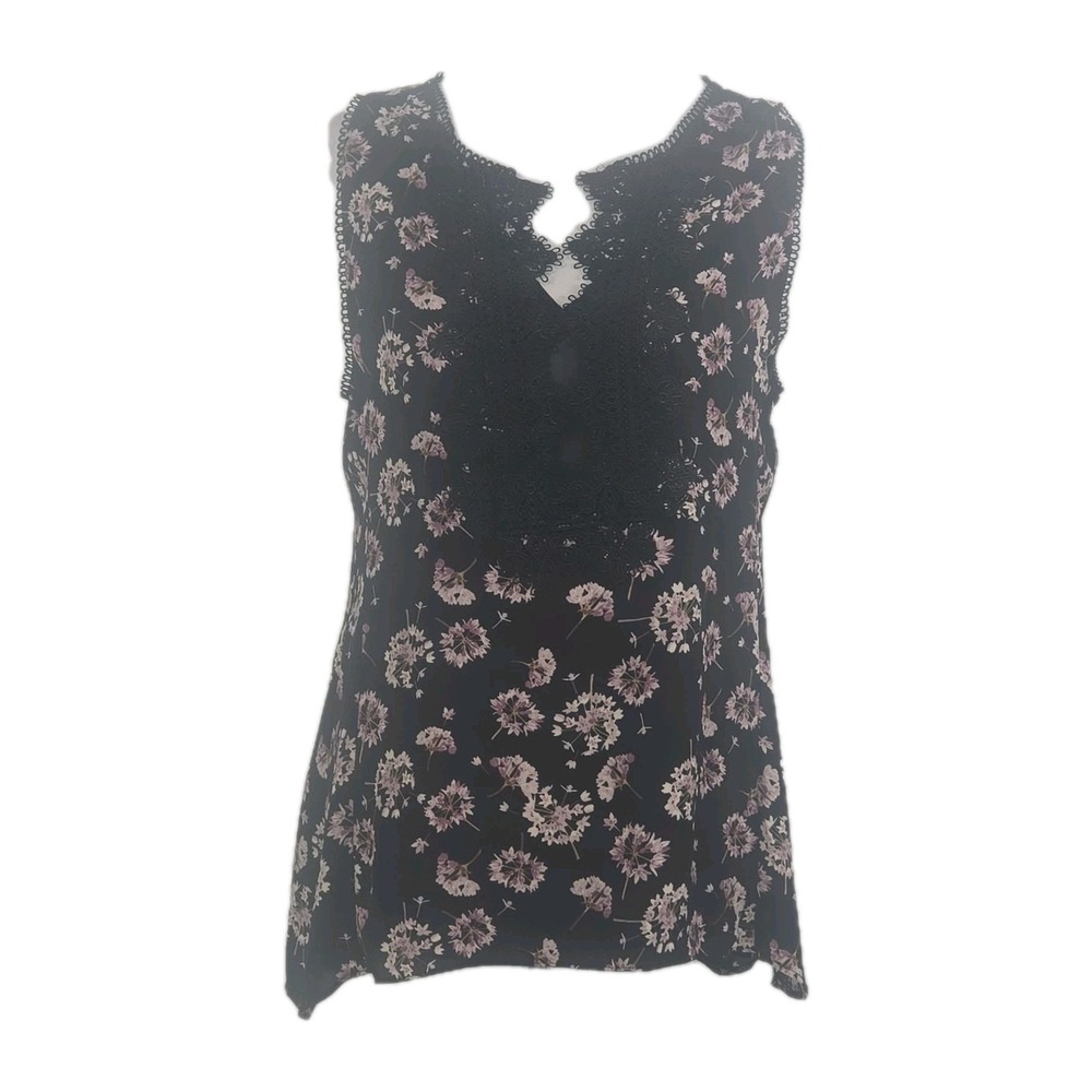 WHBM Black Floral Chiffon Sleeveless Applique Blouse Top Women's Medium M